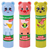 Клей-карандаш 9гр Brauberg Kids "Зверята: кошка, мышка, хрюшка" фигурный колпачок