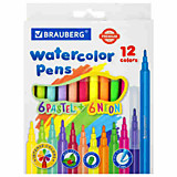 Фломастеры 6 неоновых + 6 пастельных BRAUBERG "PREMIUM" вентилируемый колпачок, карт.коробка