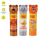 Клей-карандаш 9гр Мульти-Пульти "Зверята: Бобер, Леопард, Мышь" колпачок в форме животного, ПВП __